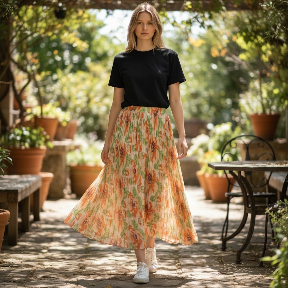Laura Martin Collection 100% Silk Pleated Floral Maxi Skirt Orange Green Size M